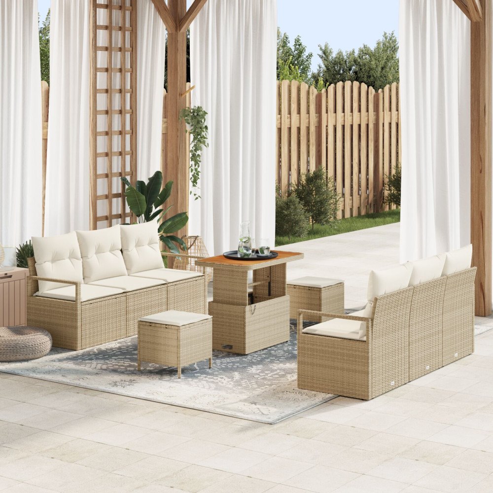vidaXL 9-delars trädgårdsoffagrupp med kuddar beige poly rotting akacia