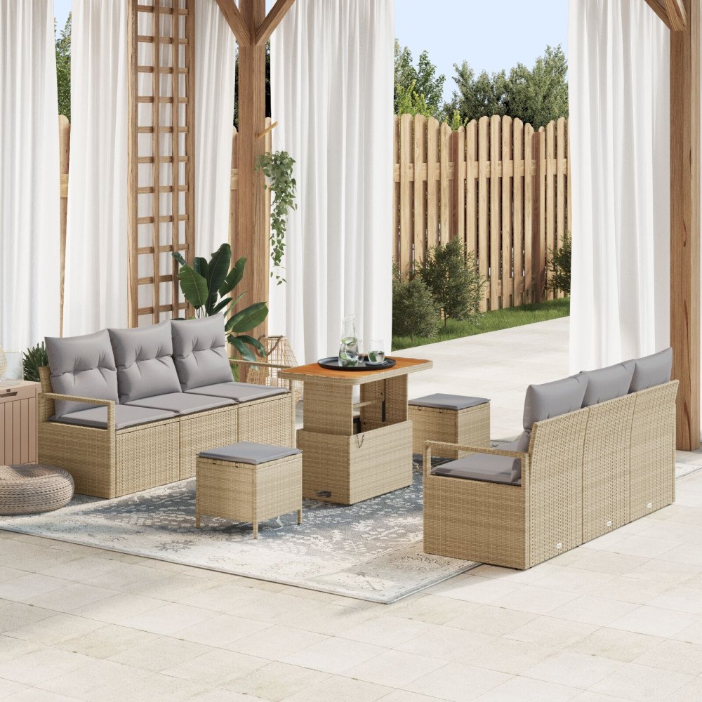 vidaXL 9-delars Trädgårdsoffaset med Kuddar Beige Poly Rattan Akacia
