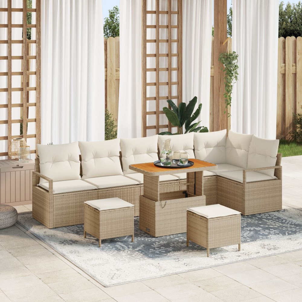 vidaXL 9-delad trädgårdssoffgrupp med kuddar i beige poly rattan och akacia