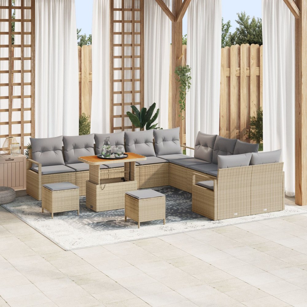 vidaXL 13-delad trädgårdsofa set med kuddar Beige Poly Rattan Akacia