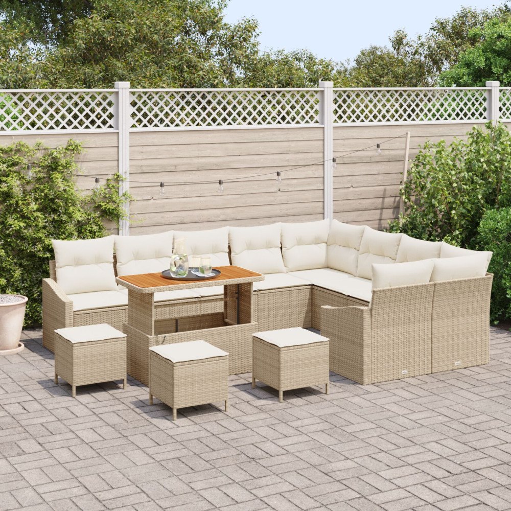 vidaXL 13-delad trädgårdsoffgrupp med kuddar beige poly rattan akacia