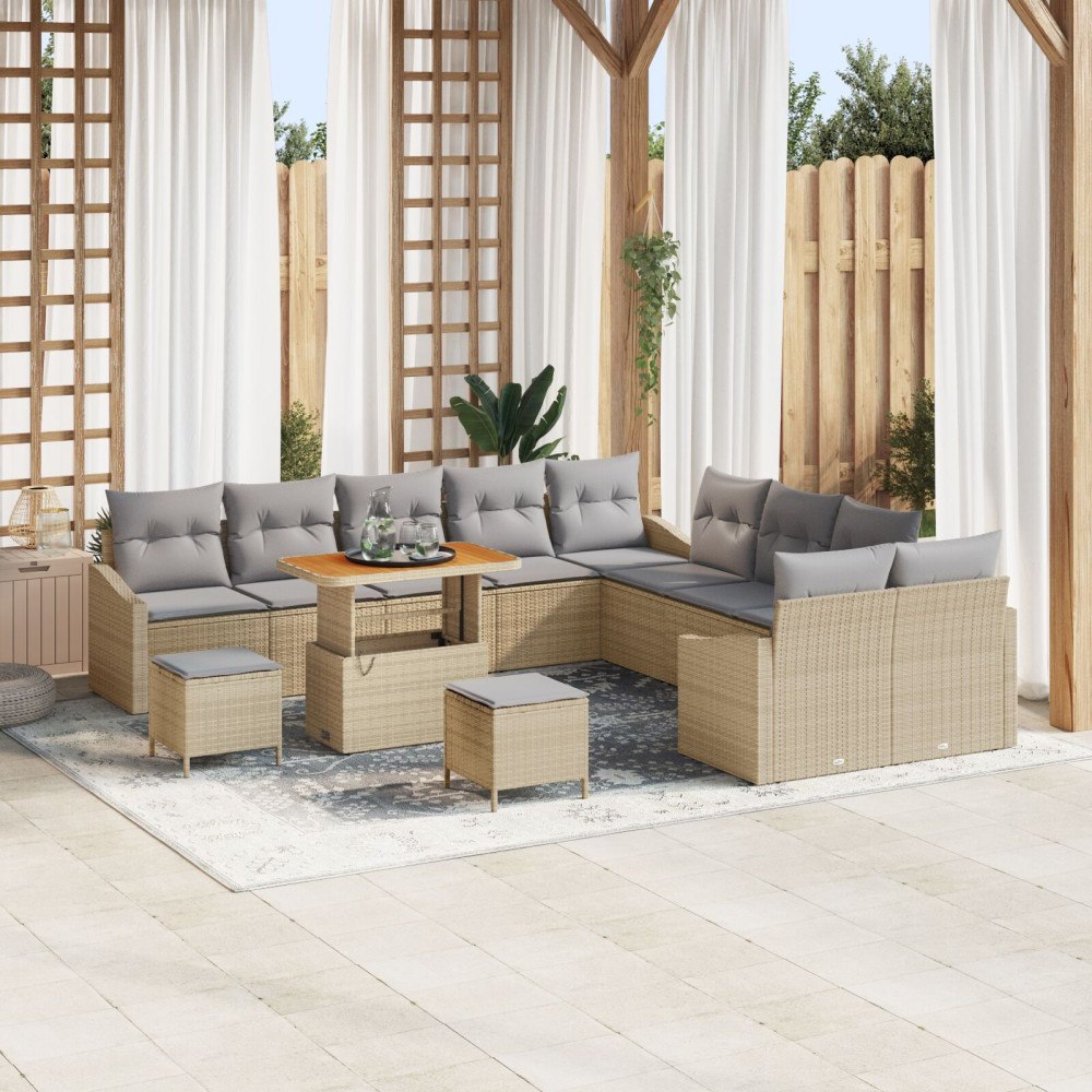 vidaXL 13-delars utesoffa-set med kuddar beige konstrotting akacia