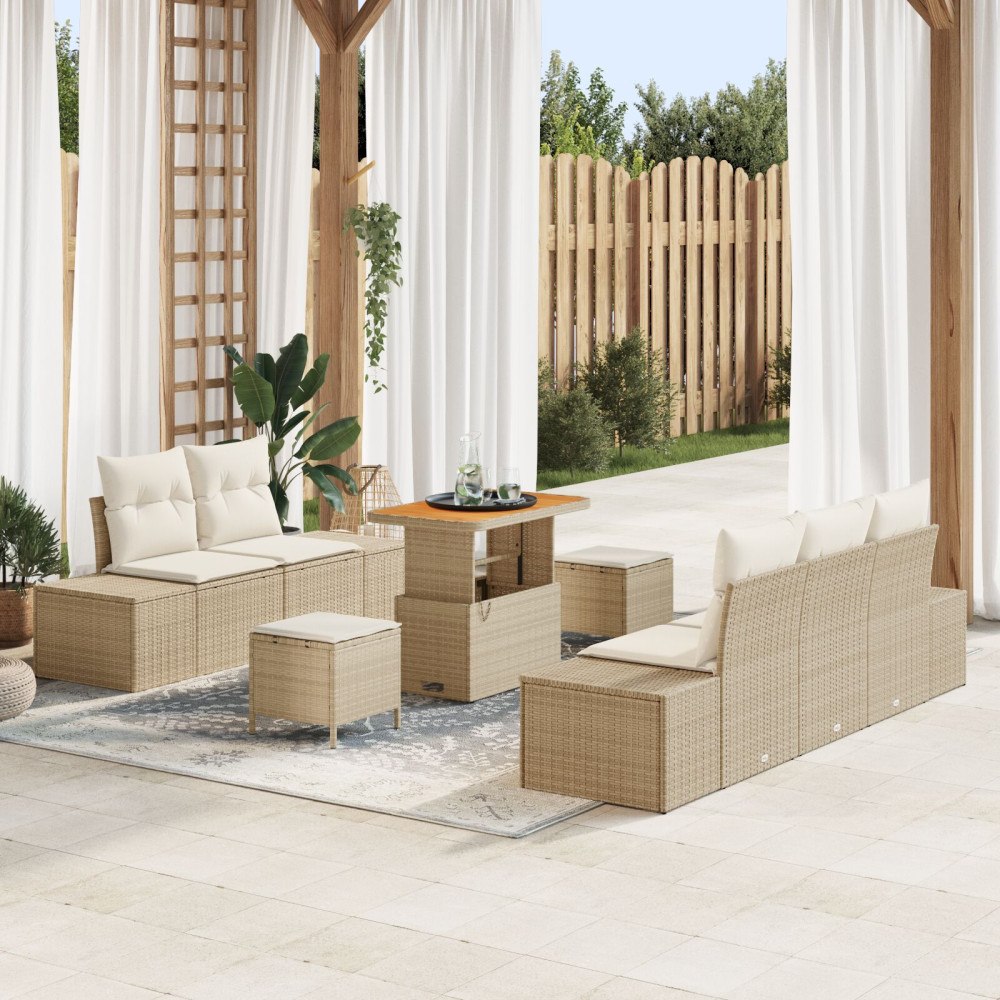 vidaXL 8-delad trädgårdsoffasett med kuddar Beige Poly Rattan Akacia