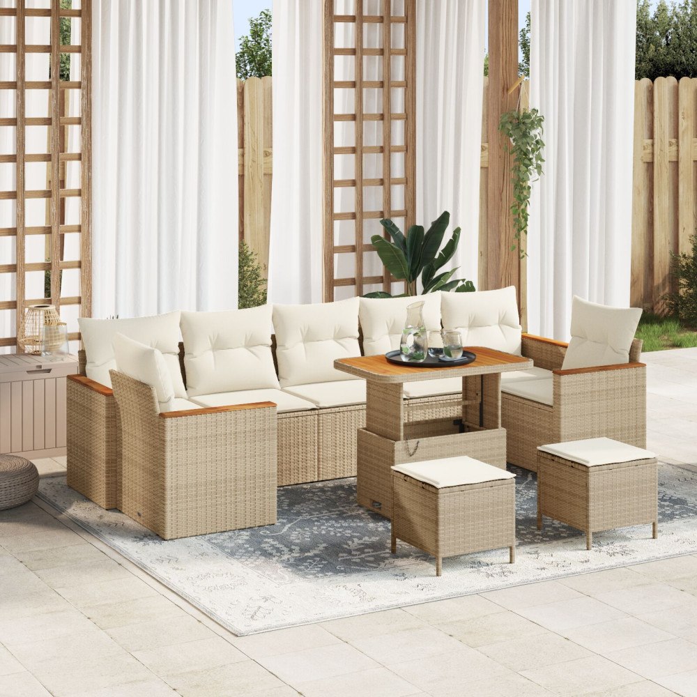 vidaXL 10-delad Trädgårdssoffgrupp med Kuddar Beige Poly Rattan Akacia, vidaXL 3-delad Trädgårdsserveringsgrupp med Kuddar Beig...