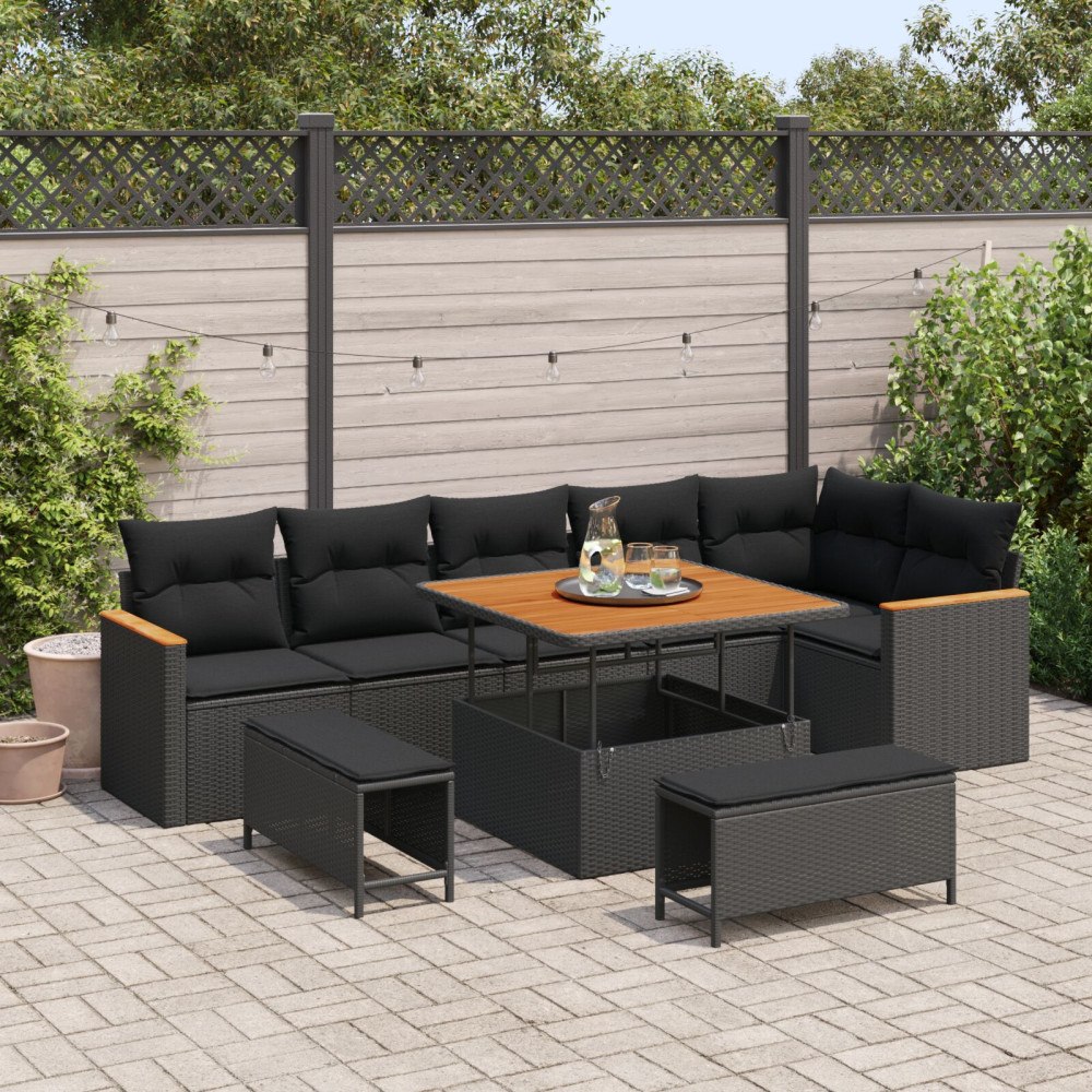 vidaXL 9-delat Trädgårdsoffaset med Kuddar Svart Poly Rattan Akacia, vidaXL 3-delat Trädgårdsdining-set med Kuddar Svart Poly R...