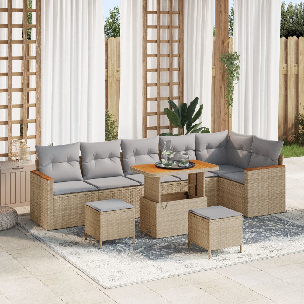 vidaXL 9-delars trädgårdsoffagrupp med kuddar Beige Poly Rattan Akacia, vidaXL 3-delars trädgårdsmatsal med kuddar Beige Poly R...