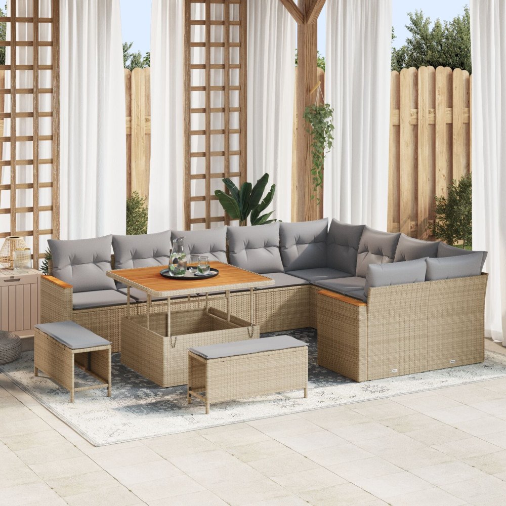 vidaXL 12-delars trädgårdsoff set med kuddar beige poly rattan akacia, vidaXL 3-delars trädgårdsdining set med kuddar beige pol...