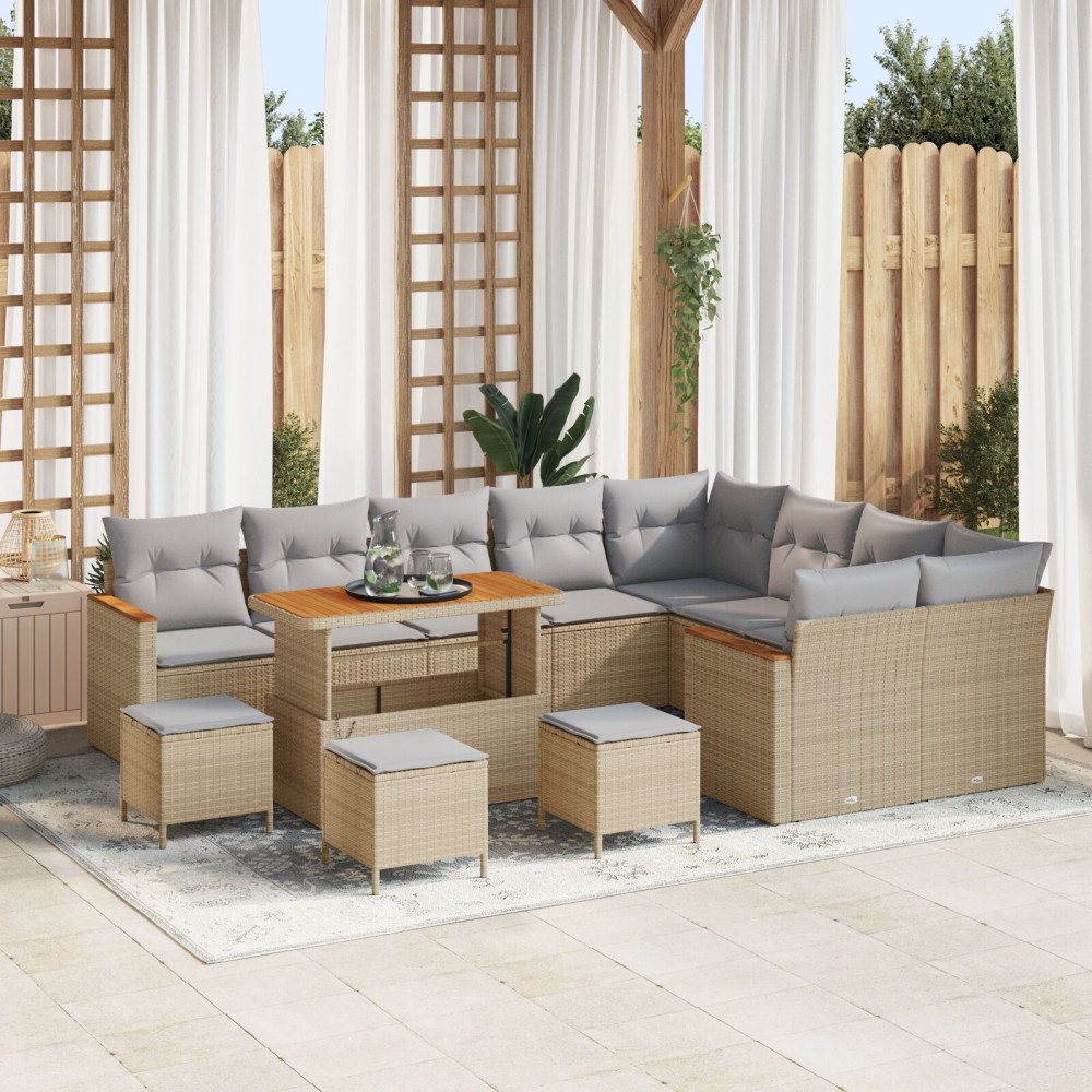 vidaXL 13 Delars Trädgårdssoffset med Kuddar Beige Poly Rattan Akacia, vidaXL 4 Delars Trädgårdsdining Set med Kuddar Beige Pol...