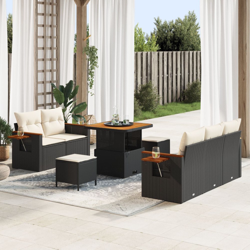 vidaXL 8-delat trädgårdssoffset med kuddar svart poly-rattan, vidaXL 3-delat trädgårdsdining-set med kuddar svart poly-rattan