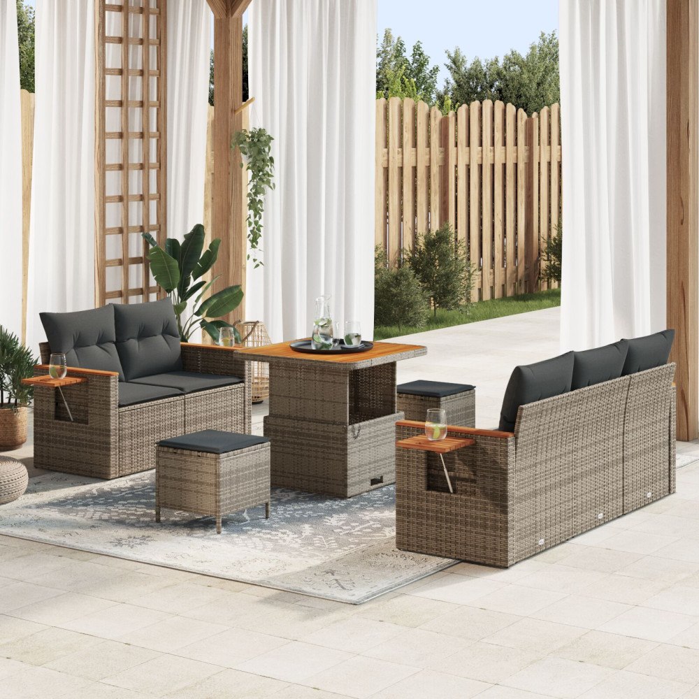 vidaXL 8-delat trädgårdsoffaset med kuddar Grå Poly Rattan Akacia, vidaXL 3-delat trädgårdsdiningset med kuddar Grå Poly Rattan...