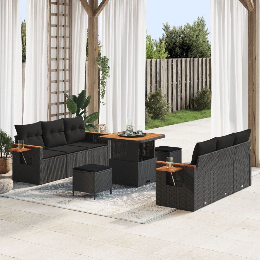 vidaXL 9-delat trädgårdsoffset med kuddar svart poly rattan akacia, vidaXL 3-delat trädgårdsäteset med kuddar svart poly rattan...