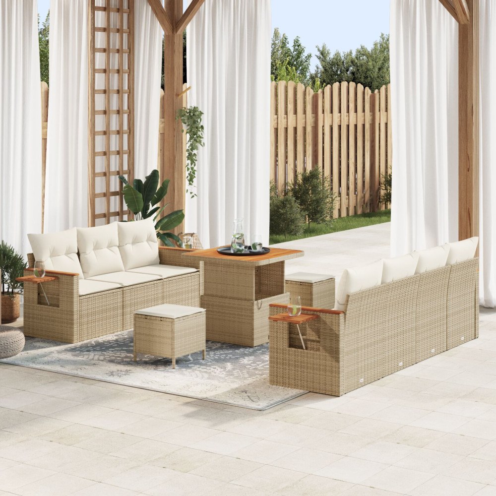 vidaXL 10-delars trädgårdsoffset med kuddar beige polyrotting akacia, vidaXL 3-delars trädgårdsdining set med kuddar beige poly...