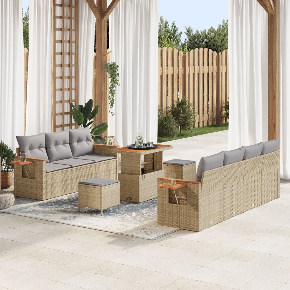 vidaXL 10-delars trädgårdsoffa-set med kuddar beige poly rattan akacia, vidaXL 3-delars trädgårdsservis med kuddar beige poly r...