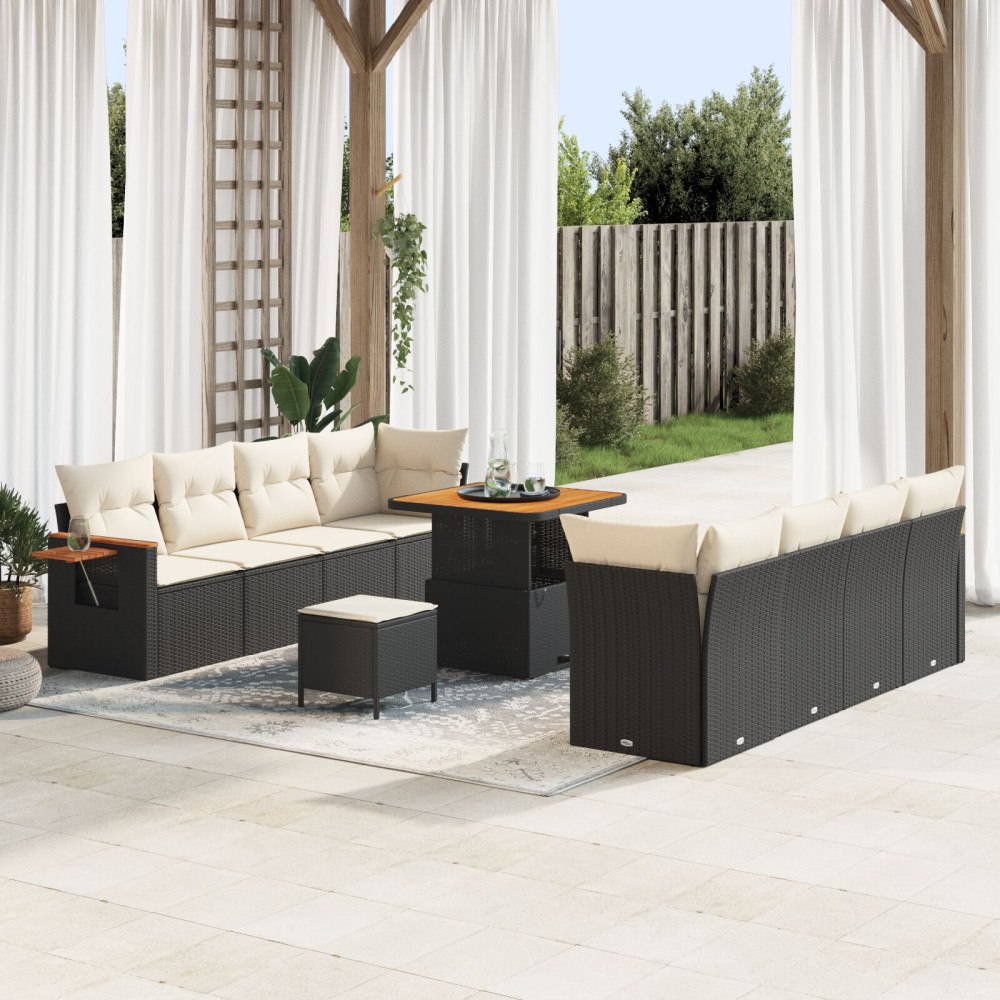 vidaXL 11 Delars Trädgårdsoffaset med Kuddar Svart Poly Rattan Akacia, vidaXL 3 Delars Trädgårdsmatsats med Kuddar Svart Poly R...