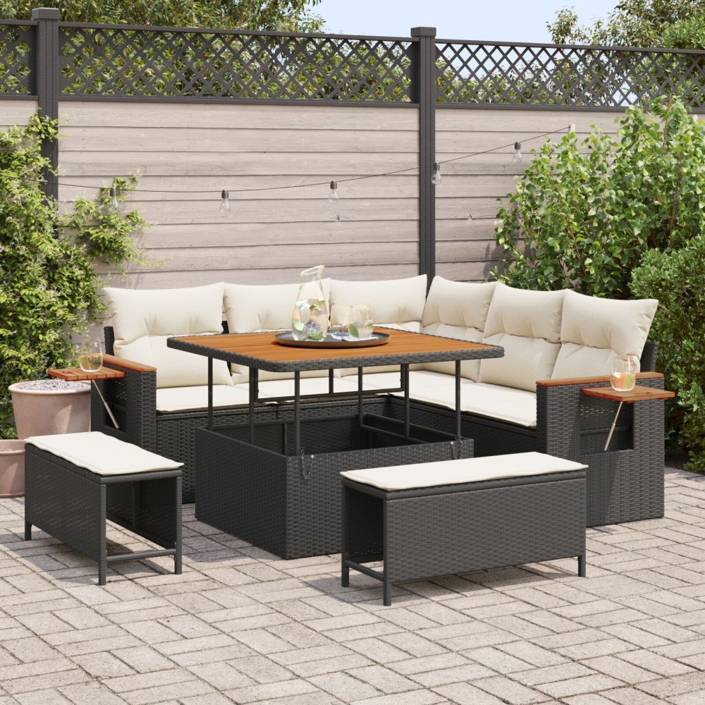 vidaXL Trädgårdsoffset med kudde 9 pcs Svart och kräm konstrotting