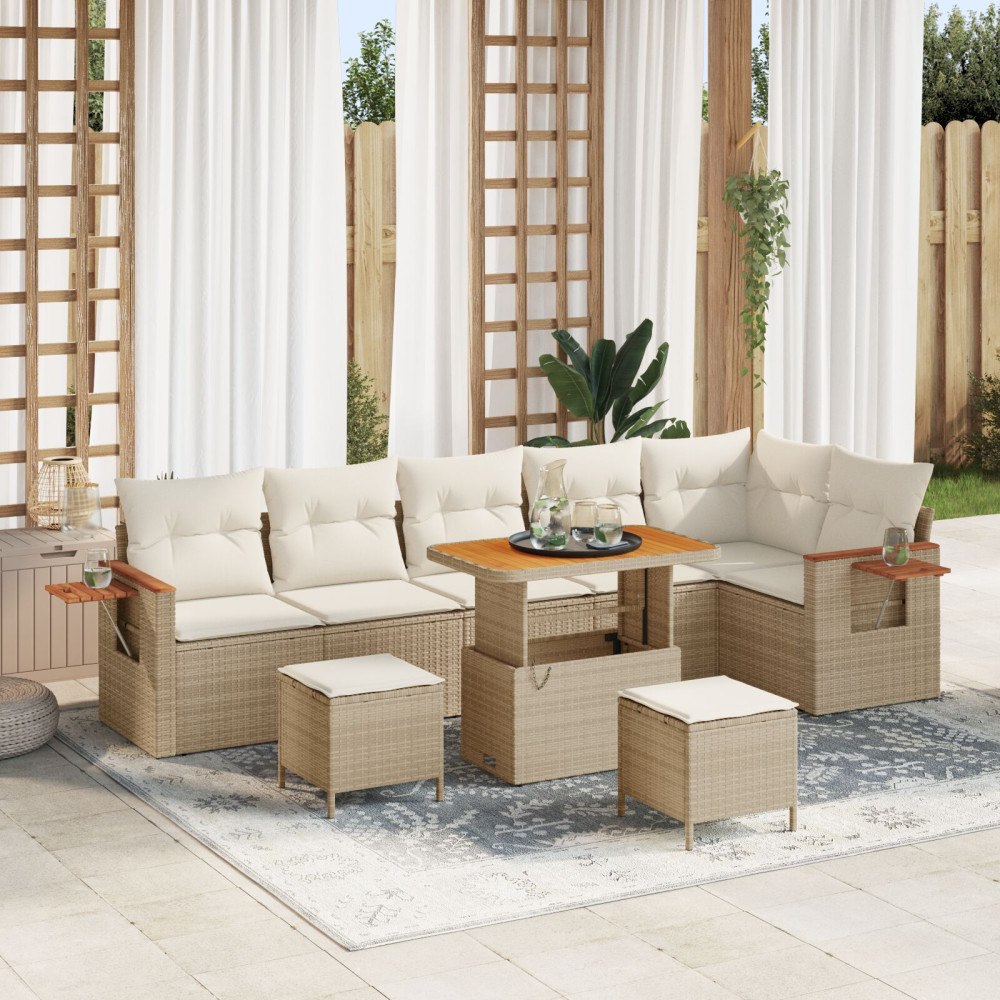 vidaXL 9-delat trädgårdsoffaset med kuddar beige poly rattan akacia