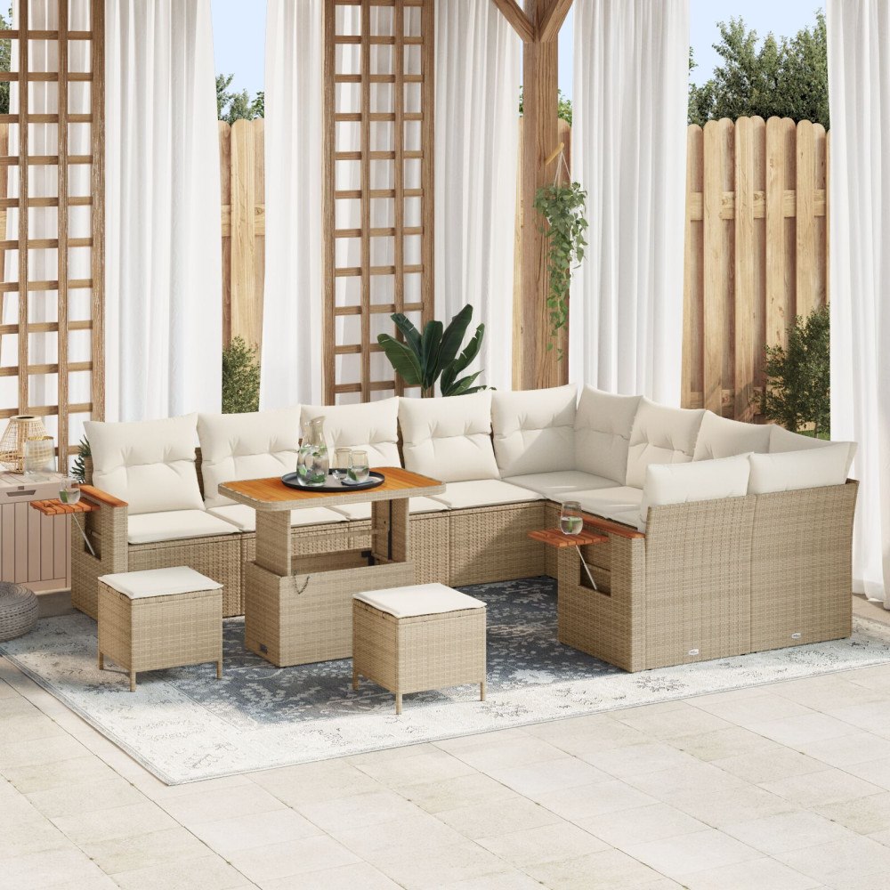 vidaXL 12 Delars trädgårdsoffaset med kuddar beige Poly Rattan Akacia