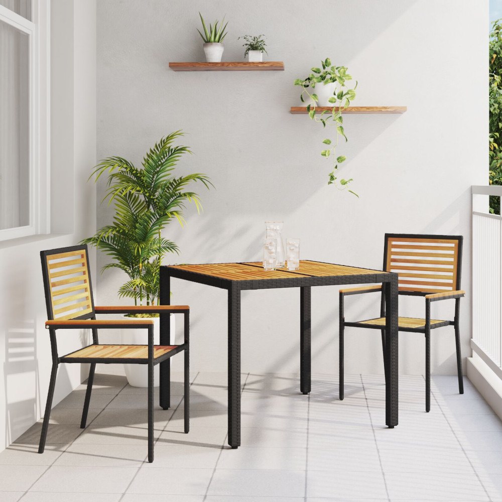 vidaXL 3 Delad Trädgårdsmatsal Svart Poly Rattan Akacia, vidaXL Stapelbara Trädgårdsstolar med Kuddar 2 st Svart Poly Rattan