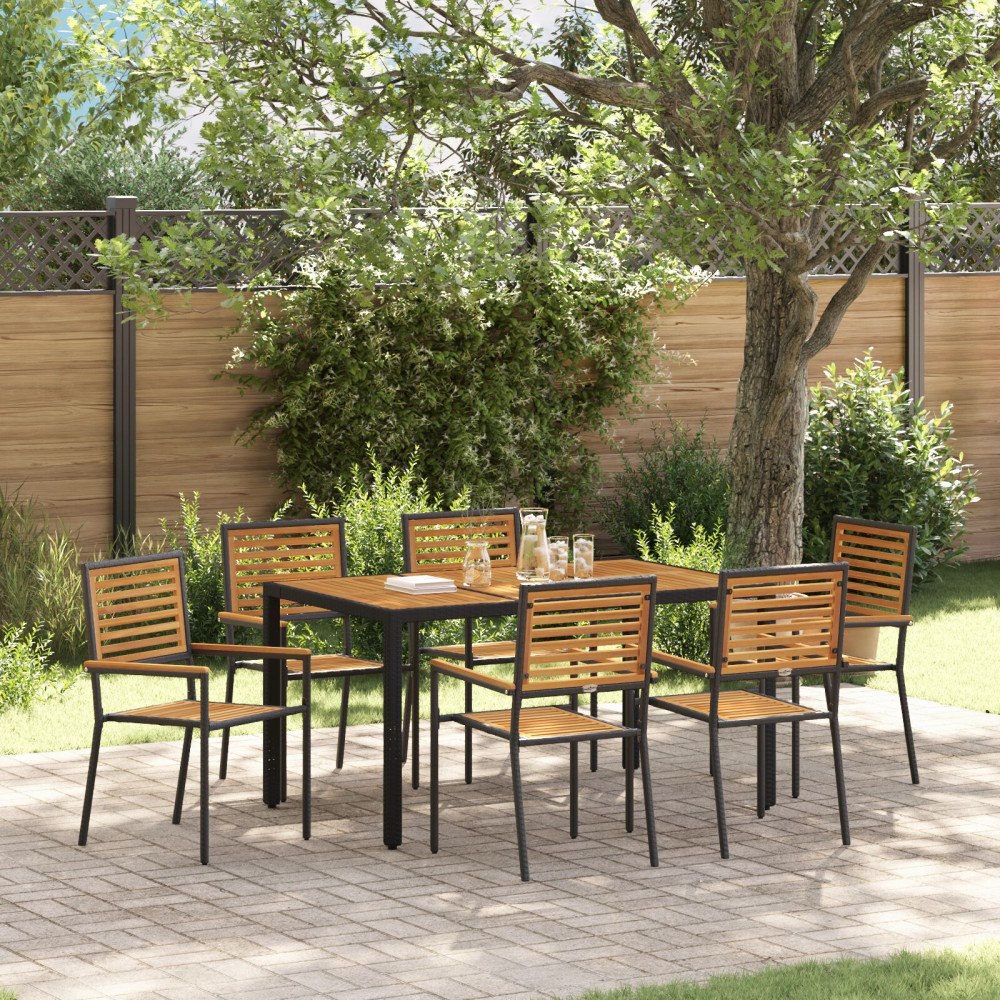 vidaXL 7-delat trädgårds matsalsset svart poly-rattan acacia, vidaXL staplingsbara trädgårdsstolar med kuddar 2 st svart poly-r...