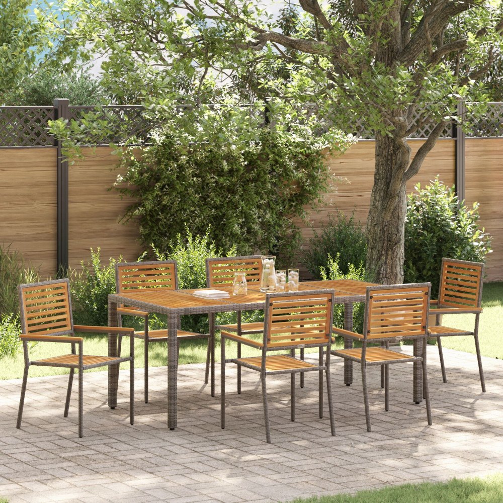 vidaXL 7-delat trädgårdsdining set Grå Poly Rattan Akaciaträ, vidaXL Stapelbara trädgårdstolar med kuddar 2 st Grå Poly Rattan