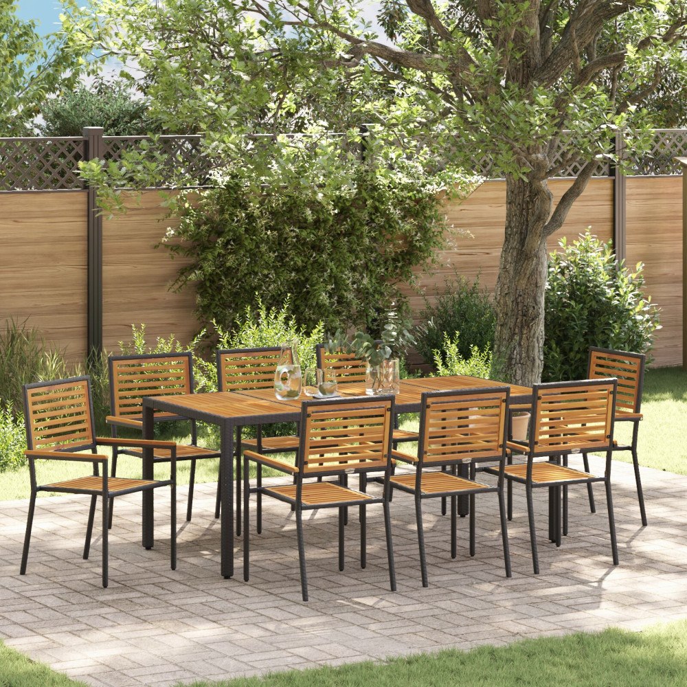 vidaXL Trädgårdsmöbelset 9 pcs Svart 190 x 90 x 75 cm konstrotting