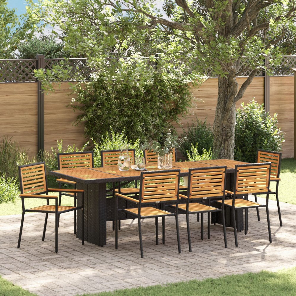 vidaXL 9-delat Trädgårdsset Svart Poly Rattan Akacia, vidaXL Stapelbara Trädgårdsstolar med Kuddar 2 st Svart Poly Rattan