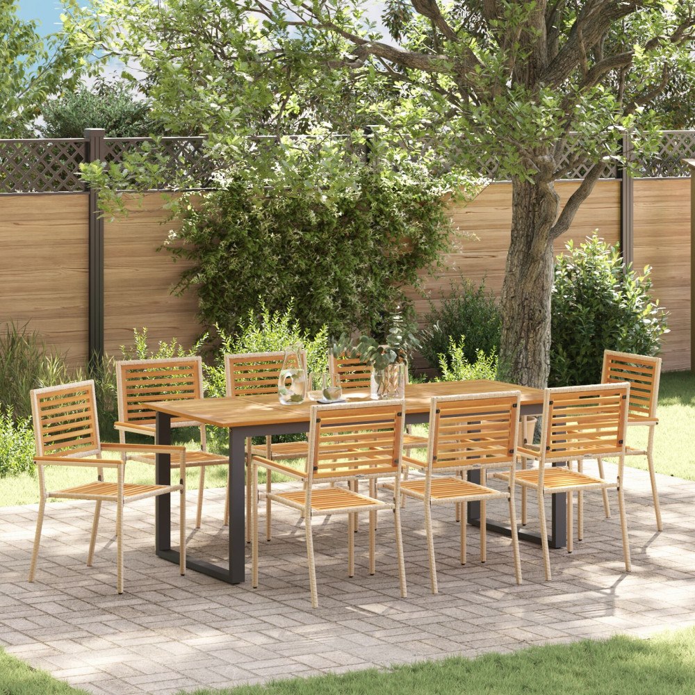vidaXL 9-delars Trädgårdsset för matplats i Beige Poly Rattan Akaciaträ, vidaXL Stapelbara trädgårdsstolar med kuddar - Set om...