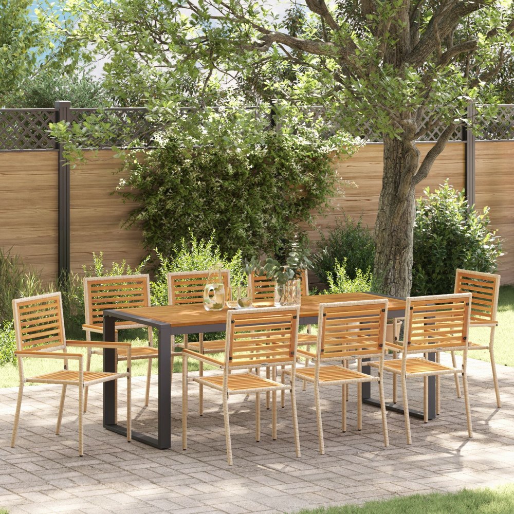 vidaXL 9 Delars Trädgårdsmöbelset Beige Poly Rattan Akacia, vidaXL Stapelbara Trädgårdstolar med Kuddar - Set om 2 i Beige Poly...