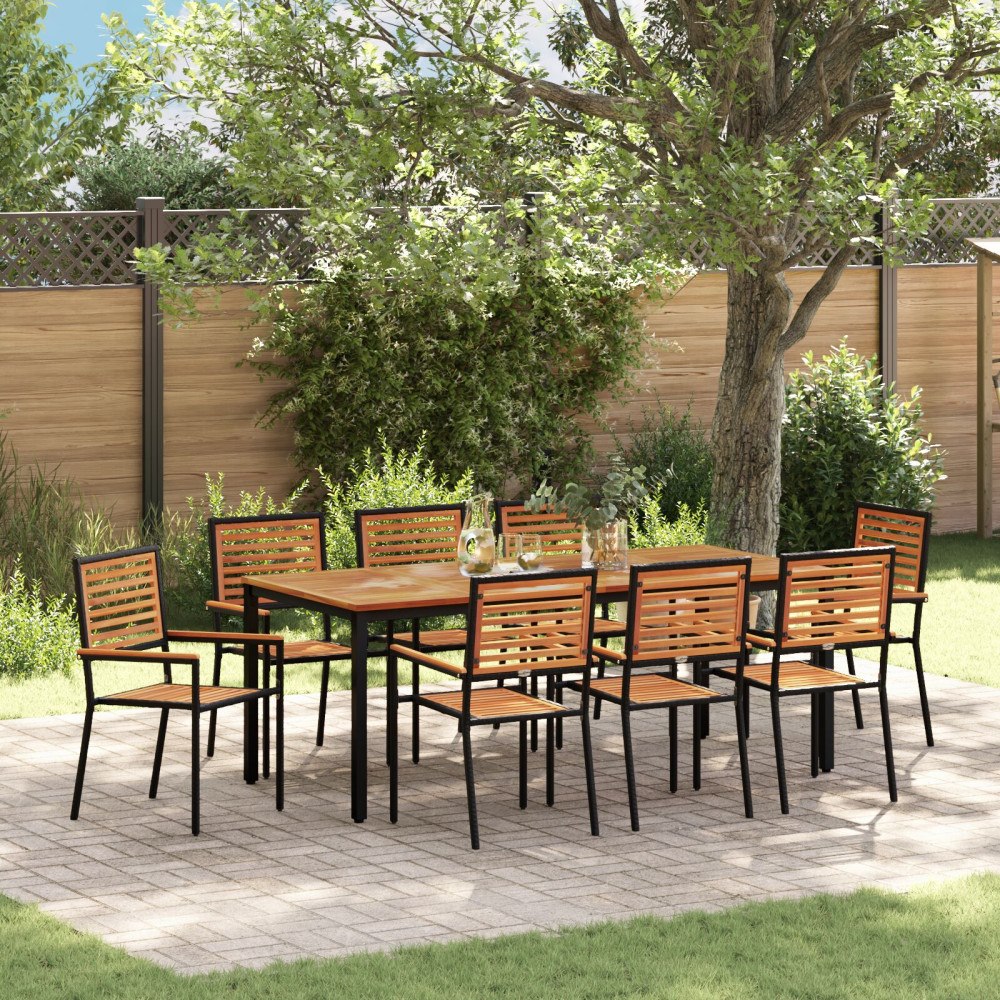vidaXL Trädgårdsmöbelset 9 pcs Svart 200 x 100 x 75 cm konstrotting