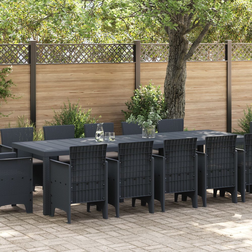 vidaXL s 13-delars trädgårdsmatsalsset med kuddar antracit konstrotting, vidaXLs trädgårdsbord antracit 150x100x73 cm konstrott...