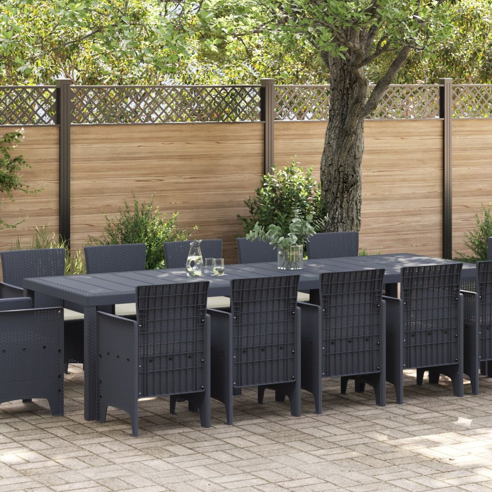 vidaXL 13-delars trädgårdsset med kuddar i antracitfärg och poly rattan, vidaXL trädgårdsbord antracit 150x100x73 cm poly ratta...