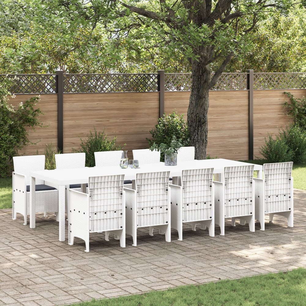 vidaXL 11-delars trädgårdsmatgrupp med kuddar Vit Poly Rattan, vidaXL Trädgårdsbord Vit 150x100x73 cm Poly Rattan, vidaXL Trädg...