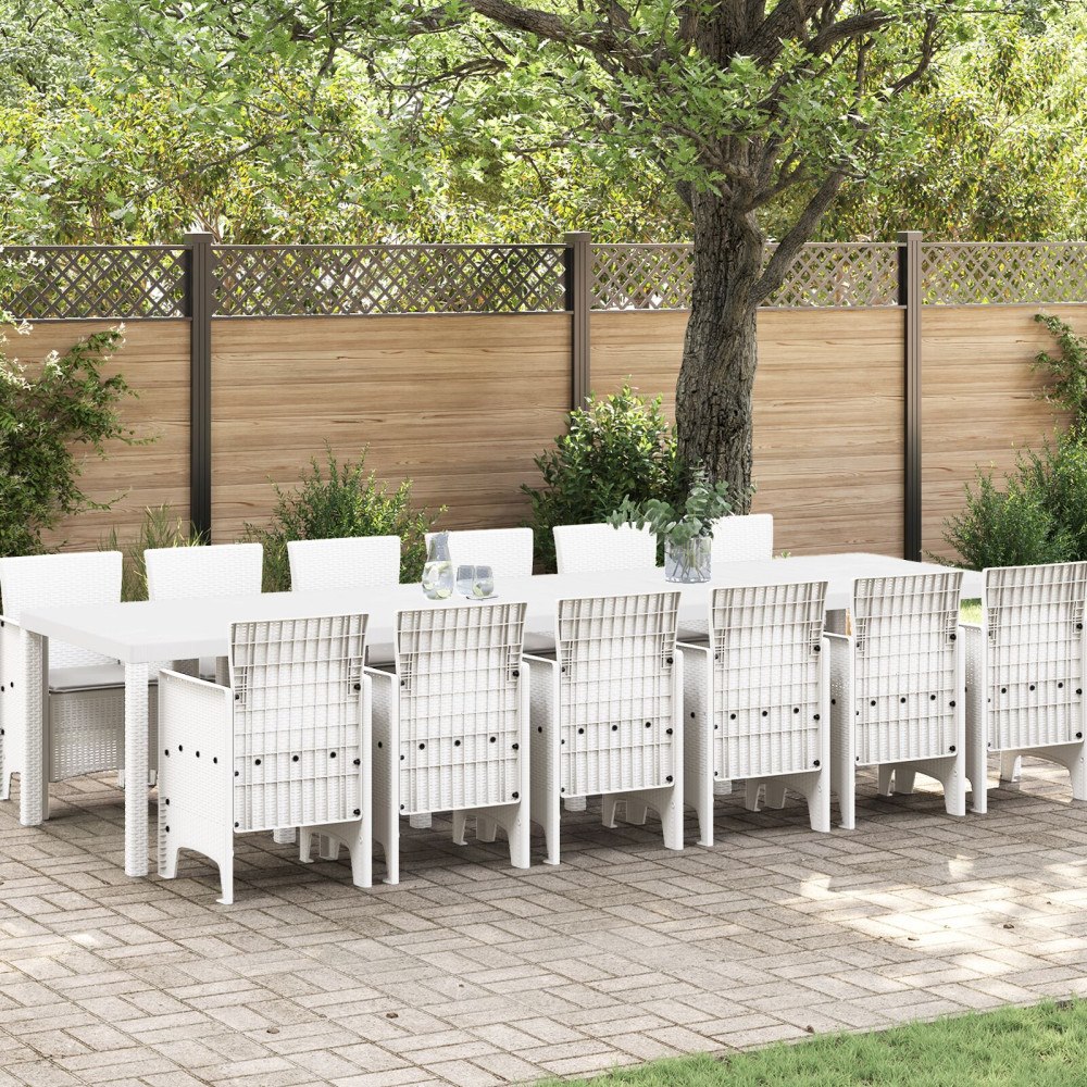 vidaXL 13-delars trädgårdsmatgrupp med kuddar vit konstrotting, vidaXL Trädgårdsbord vit 200x100x73 cm konstrotting, vidaXL Trä...