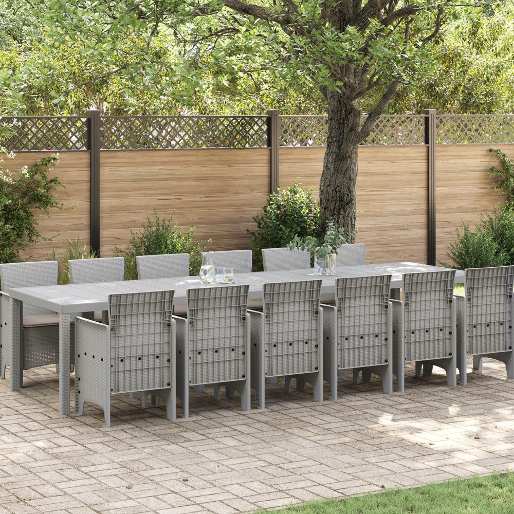 vidaXL 13-delat trädgårdsmatsalsset med kuddar Ljusgrå Konstrotting, vidaXL Trädgårdsbord Ljusgrå 200x100x73 cm Konstrotting, v...