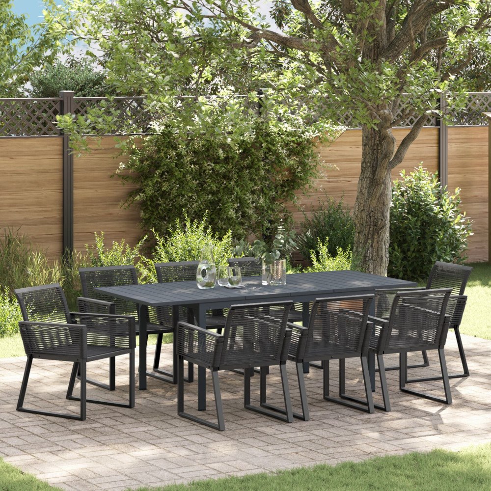 vidaXL 9-delat Trädgårdsdining set Svart Poly Rattan, vidaXL Utdragbart Trädgårdsbord Antracit (140-210)x90x73 cm Stål