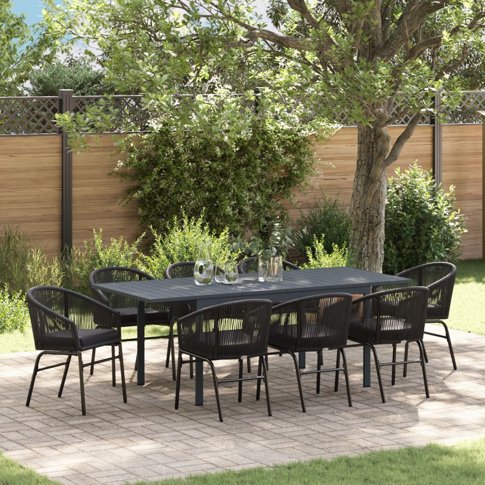 vidaXL 10-delat trädgårdsmöbelset med kuddar Svart Poly Rattan, vidaXL Förlängningsbart trädgårdsbord Anthracite (140-210)x90x7...