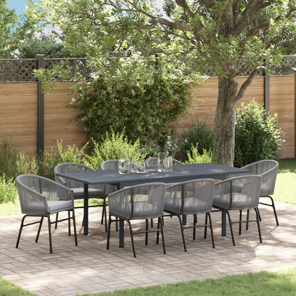 vidaXL 10-delat trädgårdsmöbelset med kuddar Grå poly rattan, vidaXL Utvidgbart trädgårdsbord Anthracite (140-210)x90x73 cm Stå...