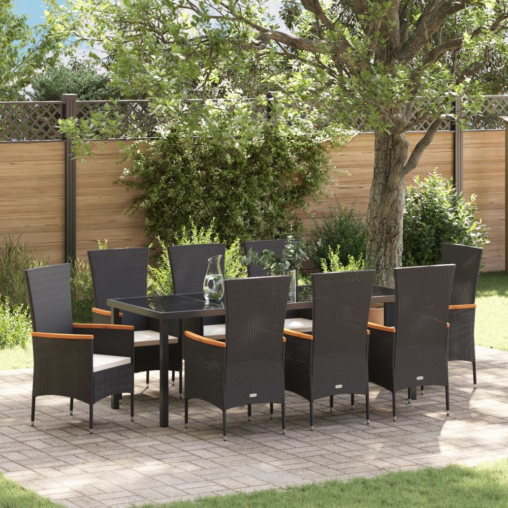 vidaXL Trädgårdsmöbelset med kudde 9 pcs Svart Poly rattan