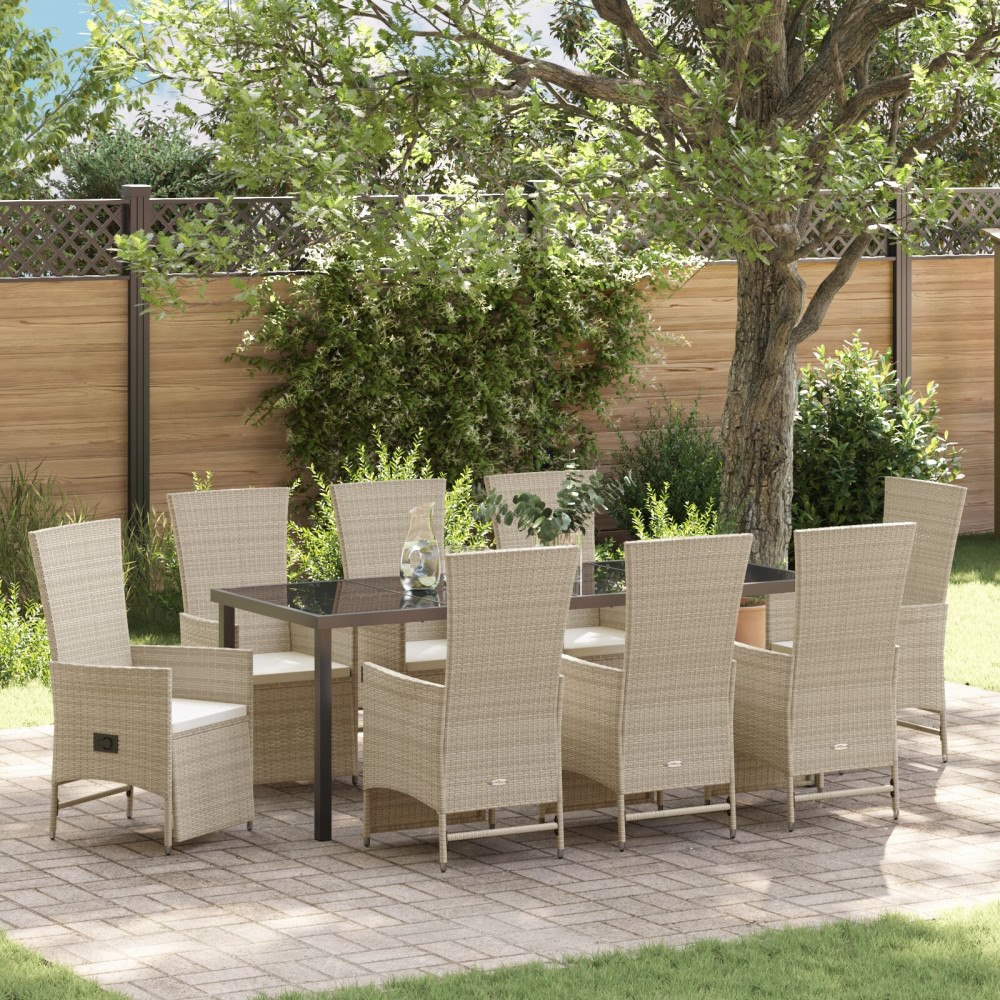 vidaXL Trädgårdsmöbelset med kudde 9 pcs Beige konstrotting