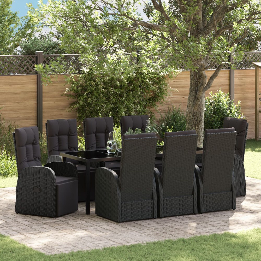 vidaXL 9-delad trädgårdsdining set med kuddar svart poly-rattan