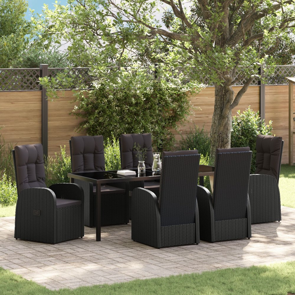 vidaXL 7 Delars Trädgårdsdining Set med Kuddar Svart Poly Rattan