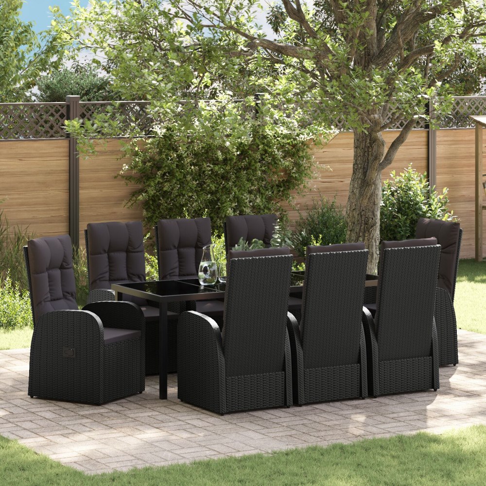vidaXL 9-delars Trädgårdsdining Set med Kuddar Svart Poly Rattan