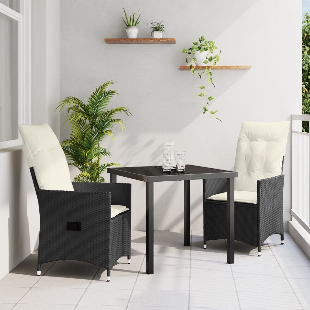 vidaXL Trädgårdsmöbelset med kudde 3 pcs Svart Poly rattan
