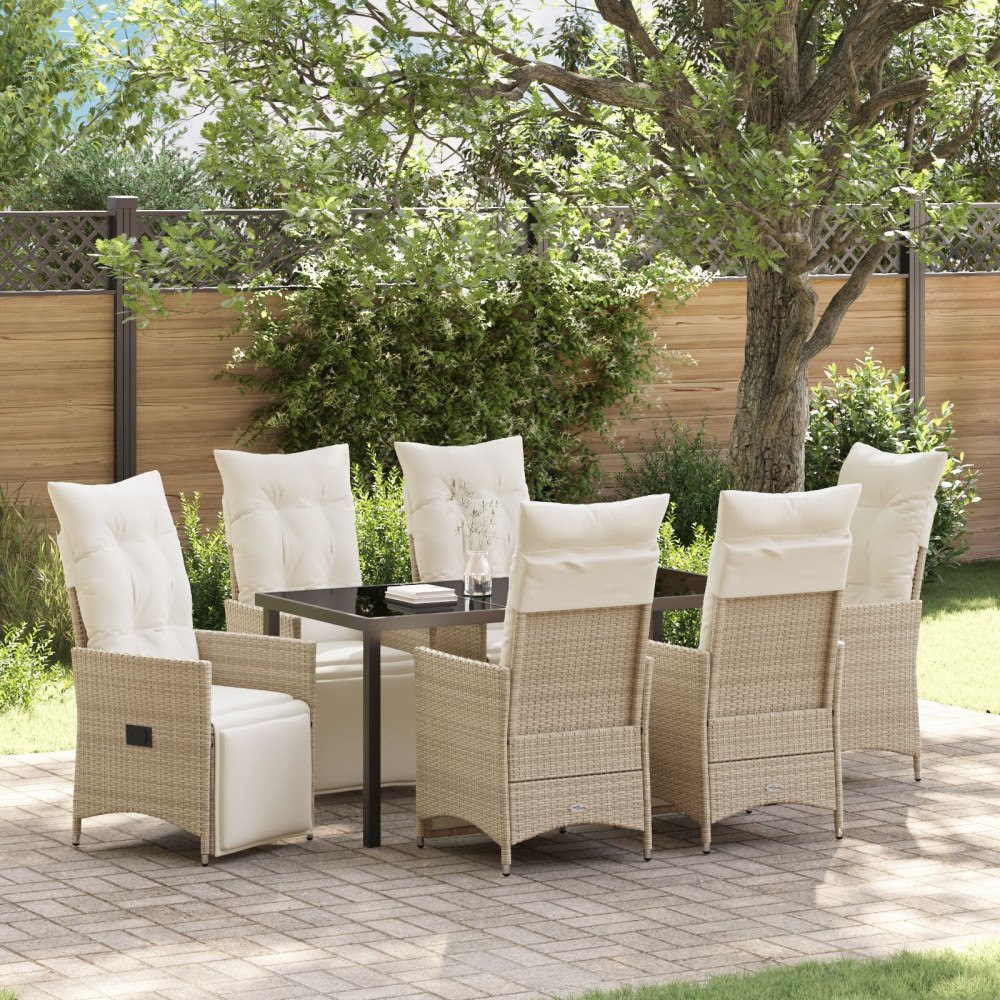 vidaXL 7-delars trädgårdsdining set med kuddar beige poly rattan
