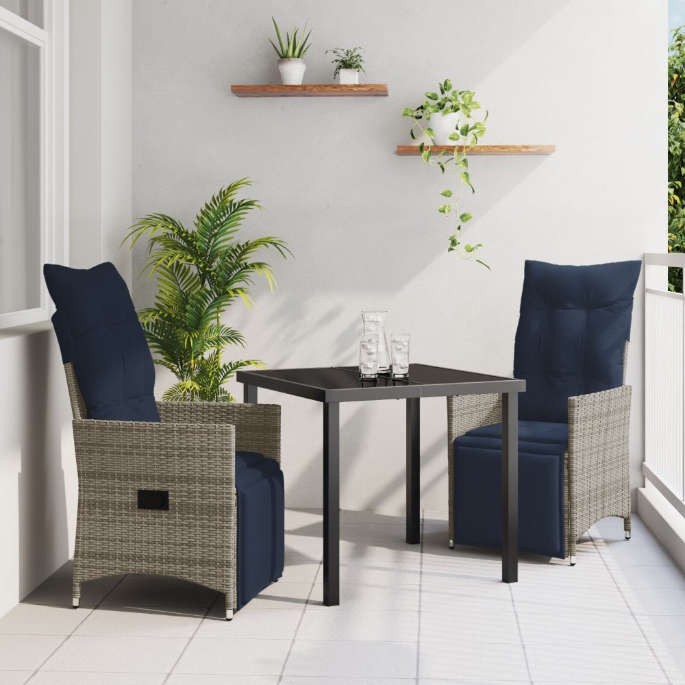 vidaXL 3-delat trädgårdsmatsalsset med kuddar i grå polyrotting, vidaXL Trädgårdsbord svart 80x80x73 cm härdat glas