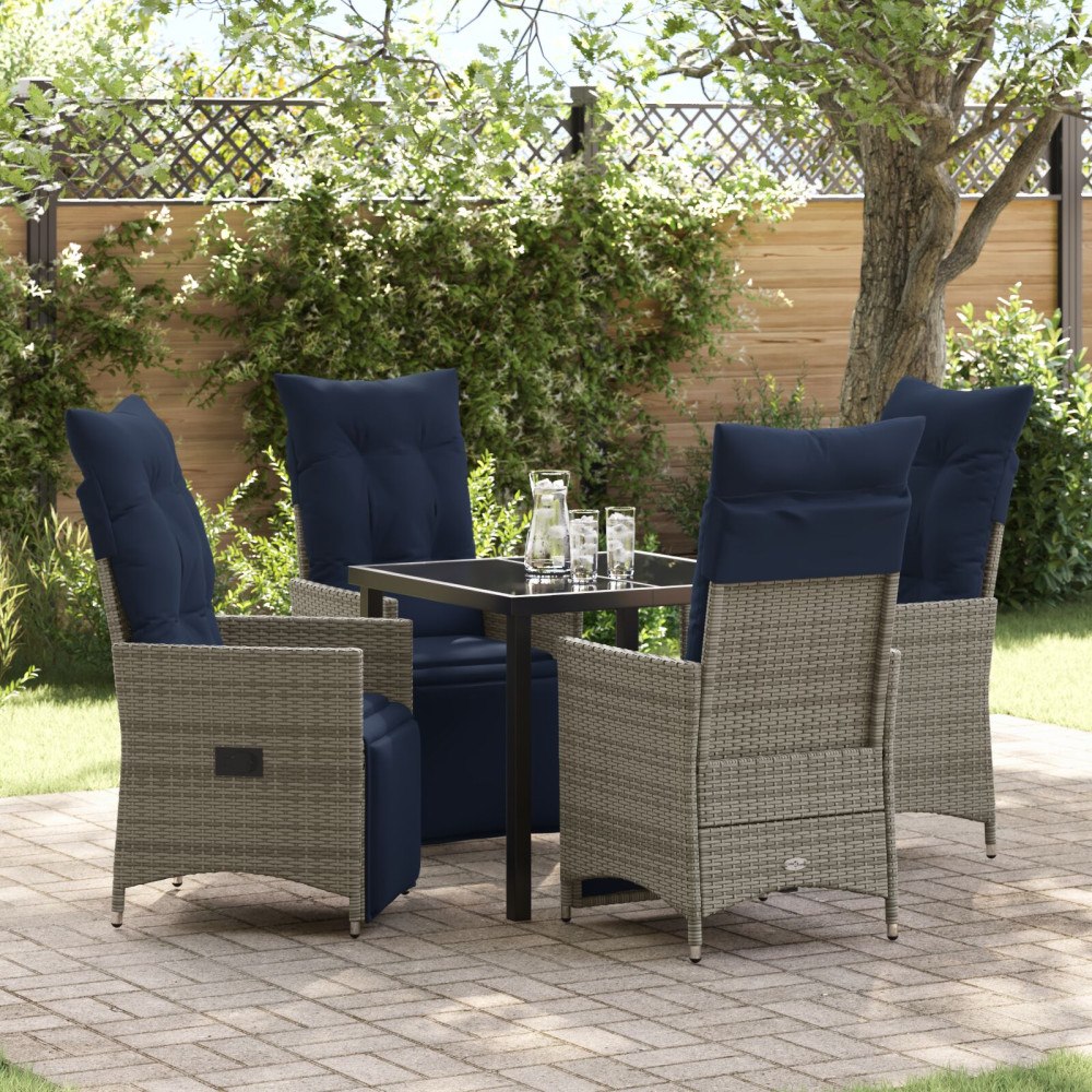 vidaXL 5-delat Trädgårds Middagsset med Kuddar Grå Poly Rattan, vidaXL Bord Svart 80x80x73 cm Härdat Glas