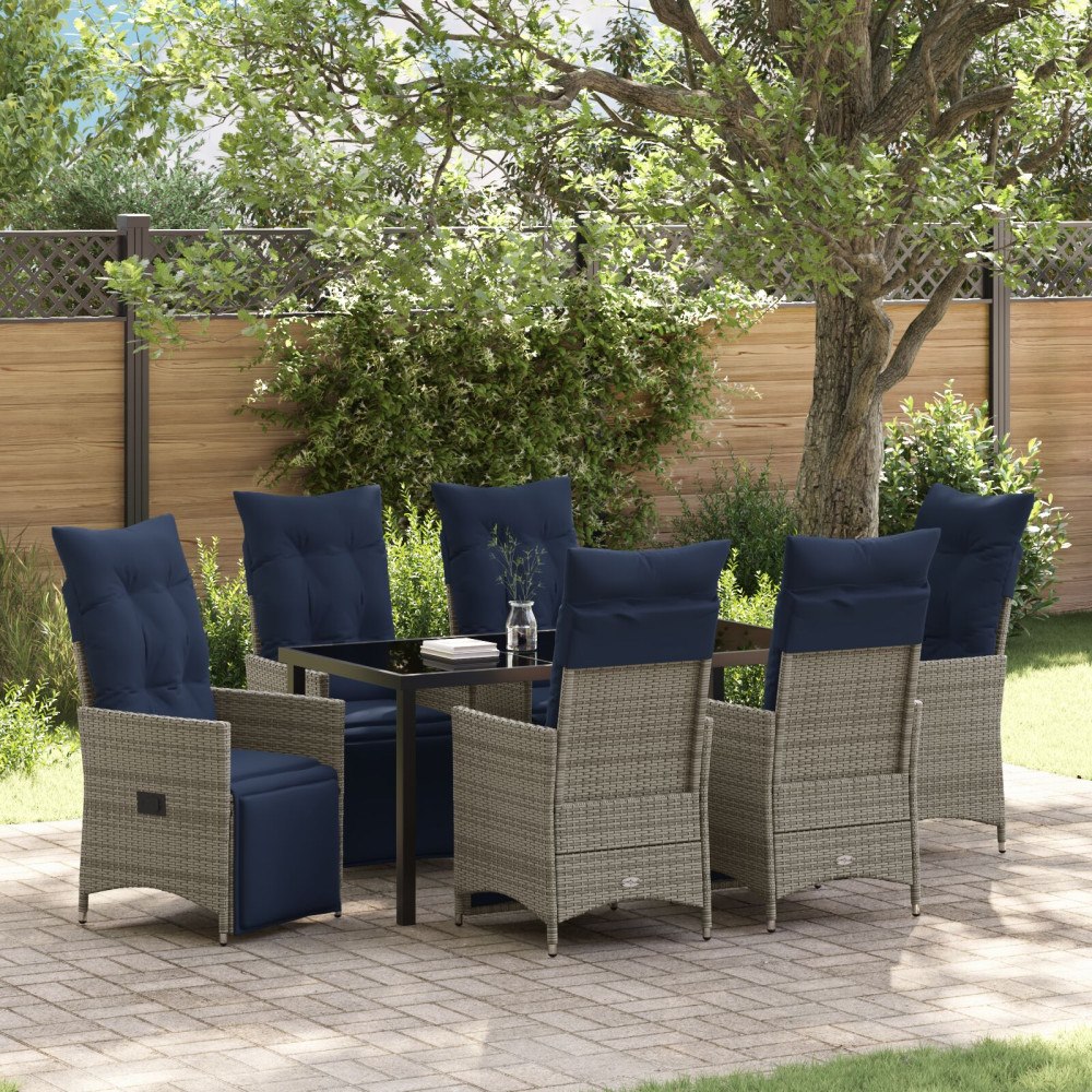 vidaXL 7-delat Trädgårdsmatsals set med kuddar Grå Poly Rattan, vidaXL Trädgårdsbord Svart 160x80x73 cm Härdat glas