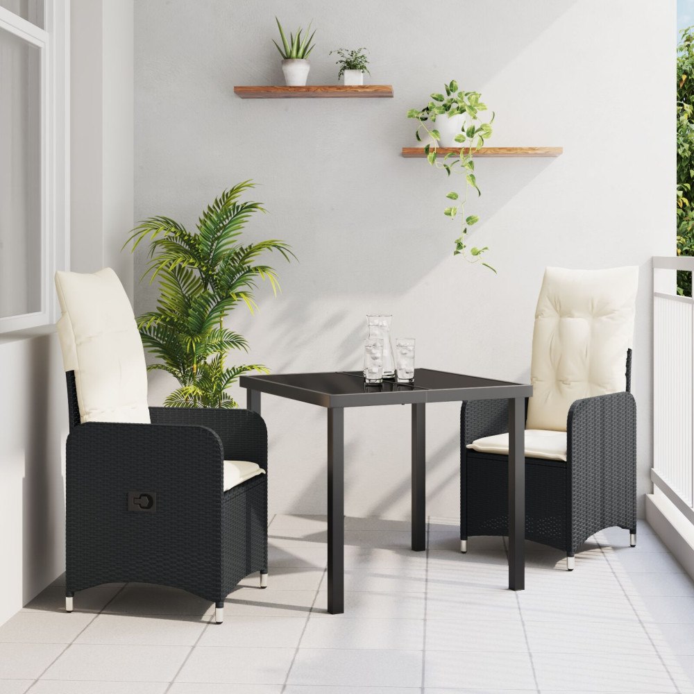 vidaXL Trädgårdsmöbelset med kudde 3 pcs Svart Poly rattan