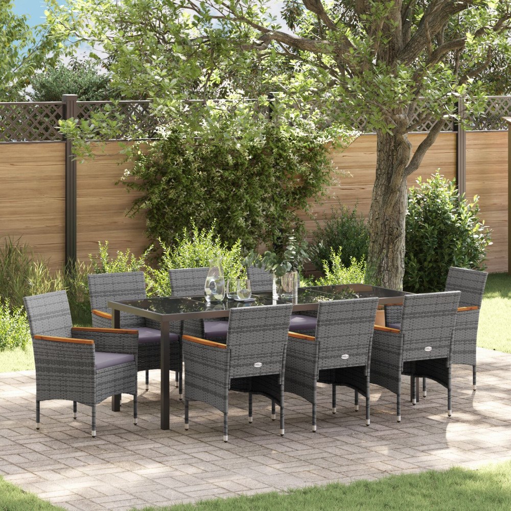 vidaXL Trädgårdsmöbelset med kudde 9 pcs Grå Poly rattan