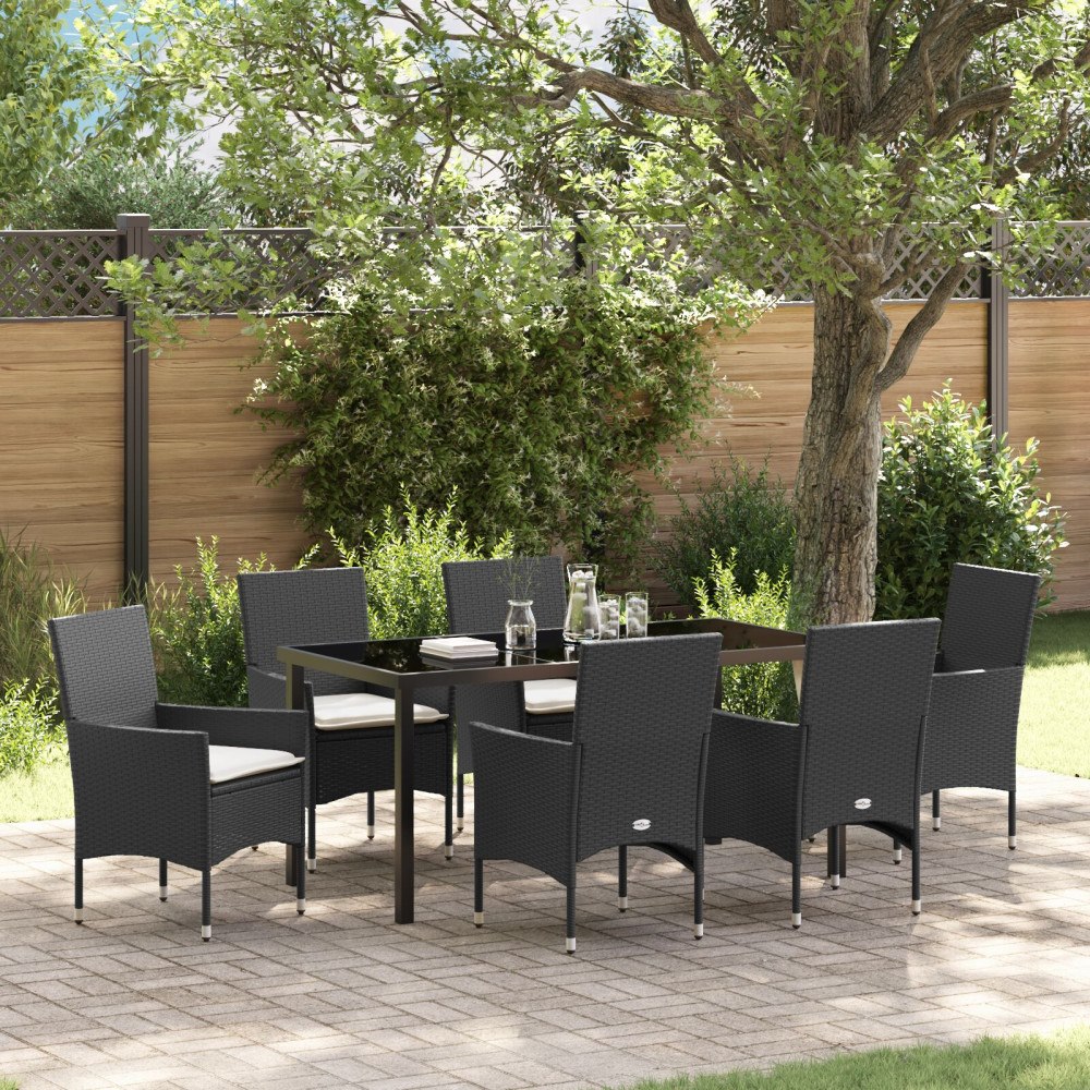vidaXL Trädgårdsmöbelset med kudde 7 pcs Svart Poly rattan
